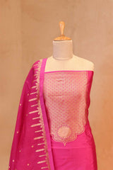 Banarasi Silk Suit Set in Pink with Gold Zari Brocade Yoke and Organza Dupatta