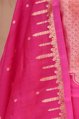 Banarasi Silk Suit Set in Pink with Gold Zari Brocade Yoke and Organza Dupatta