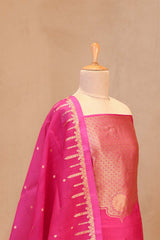 Banarasi Silk Suit Set in Pink with Gold Zari Brocade Yoke and Organza Dupatta
