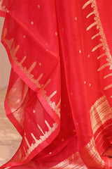 Banarasi Silk Suit Set in Red with Gold Zari Brocade Yoke and Organza Dupatta