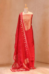 A Dummy Wearing Red Banarasi Suit Set showing Gold Zari Yoke and Organza Dupatta