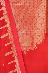 Banarasi Silk Suit Set in Red with Gold Zari Brocade Yoke and Organza Dupatta