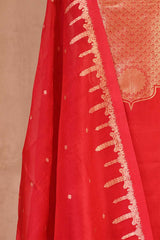 Banarasi Silk Suit Set in Red with Gold Zari Brocade Yoke and Organza Dupatta