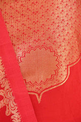 Banarasi Silk Suit Set in Red with Gold Zari Brocade Yoke and Organza Dupatta