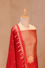 Banarasi Silk Suit Set in Red with Gold Zari Brocade Yoke and Organza Dupatta