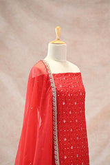 Chiniya Silk Bandhej Suit Set in Red Floral Design