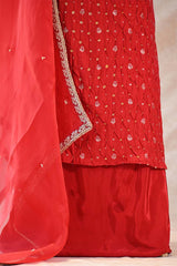 Chiniya Silk Bandhej Suit Set in Red Floral Design