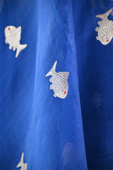 Katan Silk Unstitched Suit Set in Royal Blue with Silver Zari Floral Yoke and Matsya Motif Dupatta