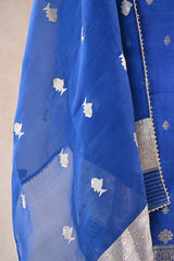 Katan Silk Unstitched Suit Set in Royal Blue with Silver Zari Floral Yoke and Matsya Motif Dupatta