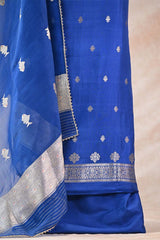Katan Silk Unstitched Suit Set in Royal Blue with Silver Zari Floral Yoke and Matsya Motif Dupatta