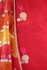 Dupion Silk Suit Set in Red with Gold Zari Buta and Rangkat Organza Dupatta