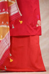 Dupion Silk Suit Set in Red with Gold Zari Buta and Rangkat Organza Dupatta