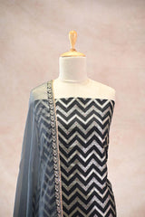 Banarasi Silk Suit Set in Black with Zig-Zag Zari Stripes