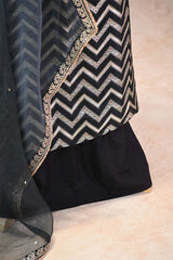 Banarasi Silk Suit Set in Black with Zig-Zag Zari Stripes