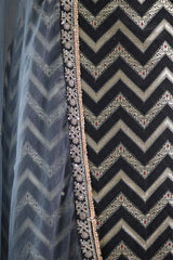 Banarasi Silk Suit Set in Black with Zig-Zag Zari Stripes