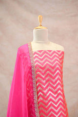 Banarasi Silk Suit Set in Pink with Zig-Zag Zari Stripes