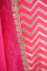Banarasi Silk Suit Set in Pink with Zig-Zag Zari Stripes