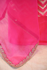 Banarasi Silk Suit Set in Pink with Zig-Zag Zari Stripes