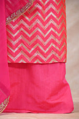 Banarasi Silk Suit Set in Pink with Zig-Zag Zari Stripes