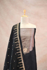 Banarasi Silk Suit Set in Black with Gold Zari Brocade Yoke and Organza Dupatta
