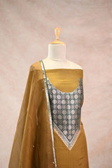 True Mustard Katan Silk Suit Set with Designer Woven Yoke