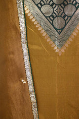 True Mustard Katan Silk Suit Set with Designer Woven Yoke