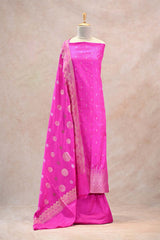 Sona-Roopa (gold and silver) zari woven buti on hot pink Banarasi Katan silk fabric with an ethnic circular motif Banarasi silk dupatta.