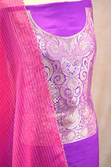 Purple Katan Silk Dress Material with Shaded Organza Dupatta