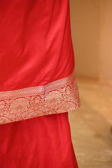 Red Banarasi Katan Silk Suit Set with Floral Gold Zari Weaving