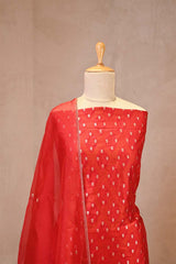 Red Raw Mango Suit Set with Gold Zari Floral Buti