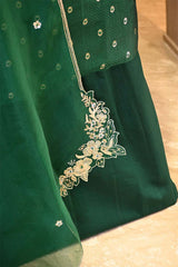 Dark Green Raw Mango Suit Set with Gold Zari & Meenakari Floral Butis