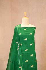 Bottle Green Chiniya Silk Suit Set with Ashva Motifs & Gold Embellished Dupatta