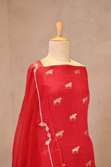 Red Chiniya Silk Suit Set with Ashva Motifs & Gold Embellished Dupatta