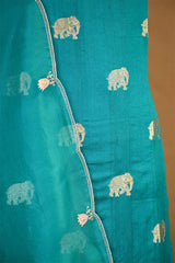 Teal Blue Chiniya Silk Suit Set with Gaja Motifs & Gold Embellished Dupatta