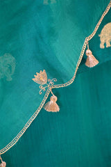 Teal Blue Chiniya Silk Suit Set with Gaja Motifs & Gold Embellished Dupatta
