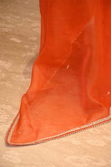 Orange Katan Silk Unstitched Suit Set with Zari Stripes & Organza Dupatta