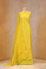 Lemon Yellow Katan Silk Unstitched Suit Set with Zari Stripes & Organza Dupatta