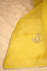 Lemon Yellow Katan Silk Unstitched Suit Set with Zari Stripes & Organza Dupatta