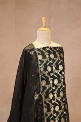 Black Banarasi Silk Suit Set with Gold & Silver Zari and Organza Dupatta