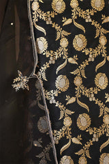 Black Banarasi Silk Suit Set with Gold & Silver Zari and Organza Dupatta