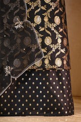 Black Banarasi Silk Suit Set with Gold & Silver Zari and Organza Dupatta