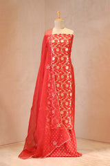 Red Banarasi Silk Suit Set with Gold & Silver Zari and Organza Dupatta