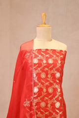 Red Banarasi Silk Suit Set with Gold & Silver Zari and Organza Dupatta