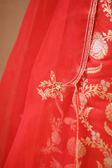 Red Banarasi Silk Suit Set with Gold & Silver Zari and Organza Dupatta