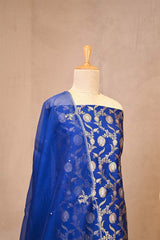 Royal Blue Banarasi Silk Suit Set with Gold & Silver Zari and Organza Dupatta