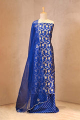 Royal Blue Banarasi Silk Suit Set with Gold & Silver Zari and Organza Dupatta