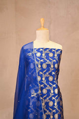 Royal Blue Banarasi Silk Suit Set with Gold & Silver Zari and Organza Dupatta