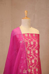 Fuchsia Pink Banarasi Silk Suit Set with Gold & Silver Zari and Organza Dupatta