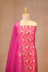 Fuchsia Pink Banarasi Silk Suit Set with Gold & Silver Zari and Organza Dupatta