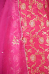 Fuchsia Pink Banarasi Silk Suit Set with Gold & Silver Zari and Organza Dupatta